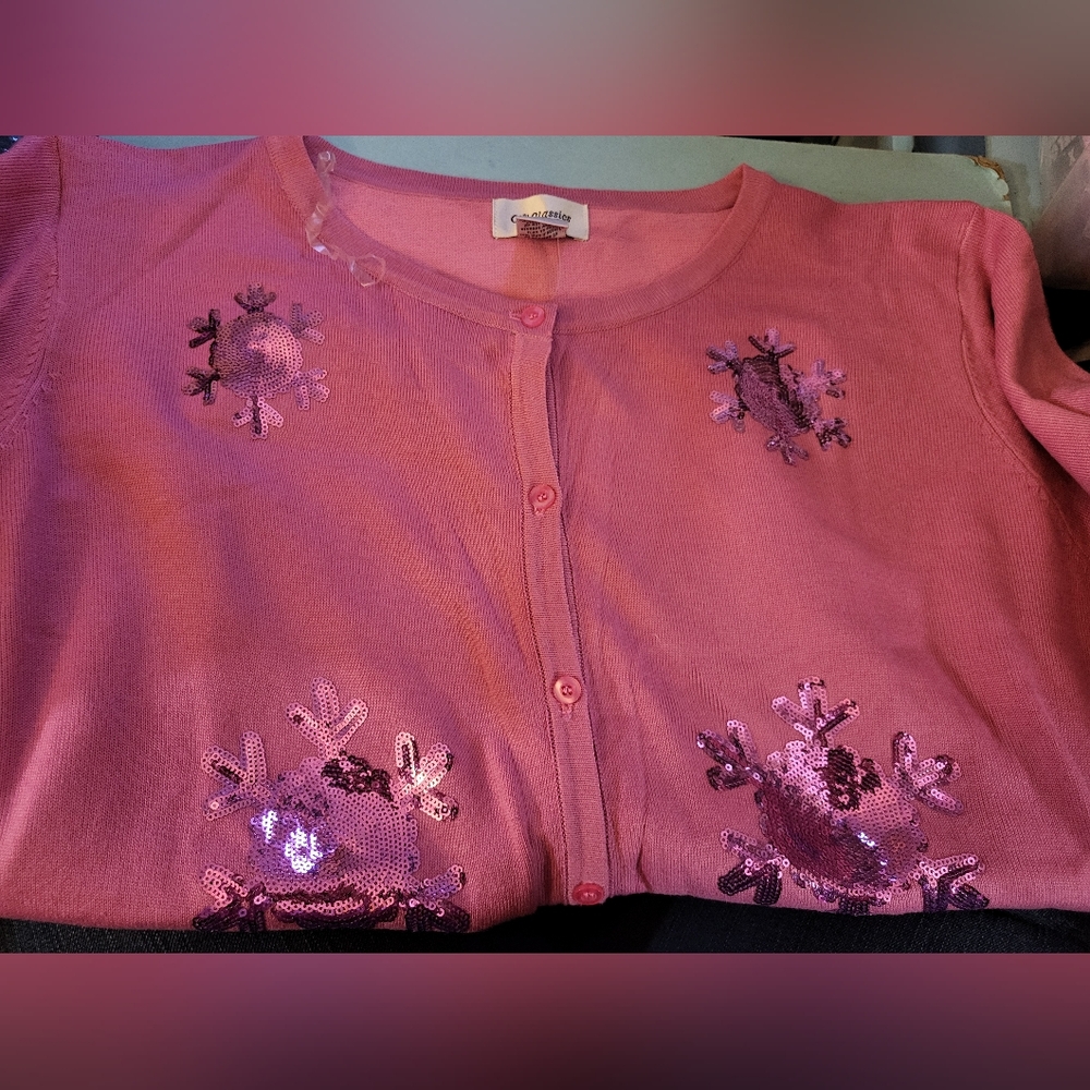 NWOT WMS Pink 3/4 Sleeve Sequinned Snowflake Cardigan Sweater sz 3x